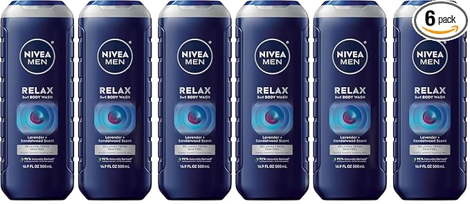 Nivea Men Relax 3-in-1 Body Wash, Lavender and Sandalwood Scented Men's Body Wash Cleanses Face, Body and Hair, 16.9 Fl Oz Bottle, Pack of 6