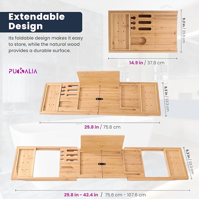 Bath Tray for Tub and Ergonomic Pillow Premium - Caddy Expandable 29 to 42.5 Inch -Foldable Bamboo Wood Tub Organizer - Luxury Bathtub Tray Wood Bamboo