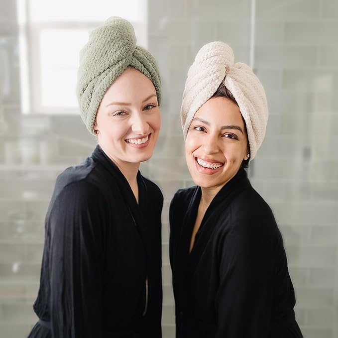 ROLSHOL Extra Large 4 Pack Microfiber Hair Towel Wrap for Women Super Absorbent & Quick Dry Hair Drying Towels with Button, Hair Turbans for Curly Hair Long & Short Hair - Anti-Frizz (green pinstripe)