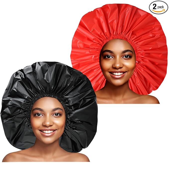 Jumbo Size Shower Cap 2 PCS Waterproof Shower Caps for Women, Extra Large Shower Cap, Reusable Super Large Bath Caps Hair Cap for Long Thick Curly Hair, Locs, Twist Braids - Black+Red