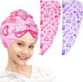 FIOBEE Microfiber Hair Towel Wrap for Kid Rapid Drying Towel Absorbent Hair Turbans for Wet Hair with Button Women Girls Long Curly Hair Pack of 2, Pink/Purple Heart