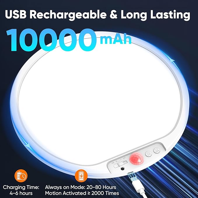 10000mAh Rechargeable Motion Sensor Ceiling Light with Remote, Battery Operated Closet Light No Wiring, Magnetic Wireless LED Ceiling Lights, 3 Color Overhead Lamp for Shower Office Pantry Hallway