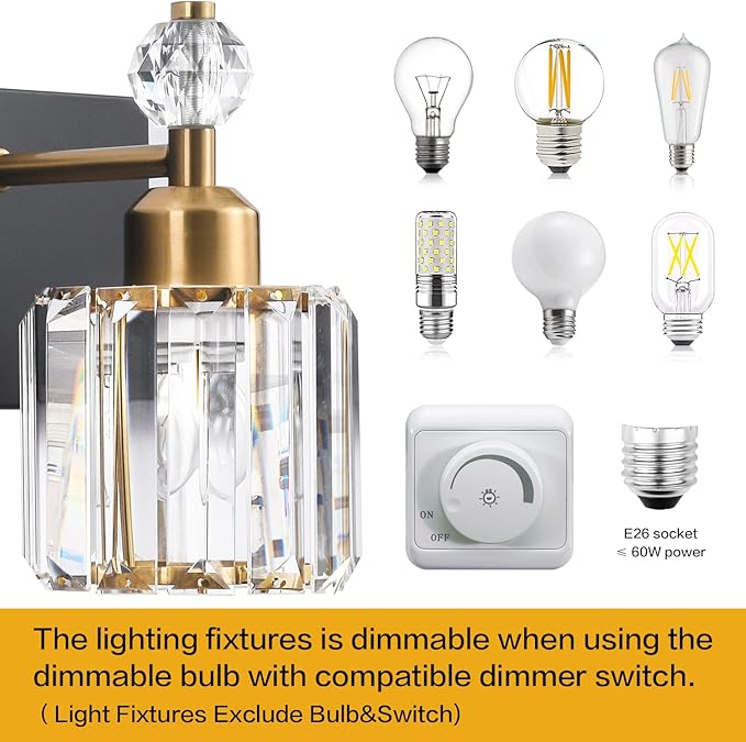 PRESDE 2-Crystal Bathroom Vanity Light Modern Black and Gold Bathroom Lights Fixtures Over Mirror Modern Bath Wall Lighting