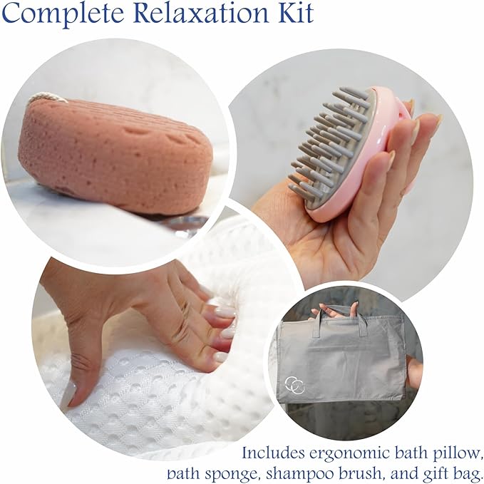 Bath Pillow for Tub Spa Gift Set for Women Luxury Bathtub Pillow for Neck & Back Support Soft 4D Mesh Non-Slip Suction Cups Relaxing Bath Accessories Spa Bath Sponge & Massage Brush