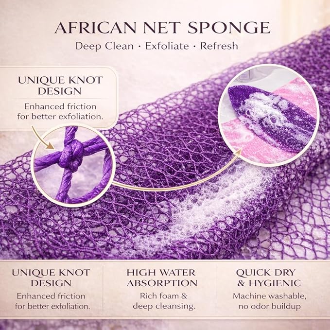 African Net Sponge Authentic, 3 Pieces African Exfoliating Net Sponge Body Back Scrubber Exfoliating Washcloth for Shower Bath for All Types Skin (Green+Gold+Light Purple, 3 Pcs)