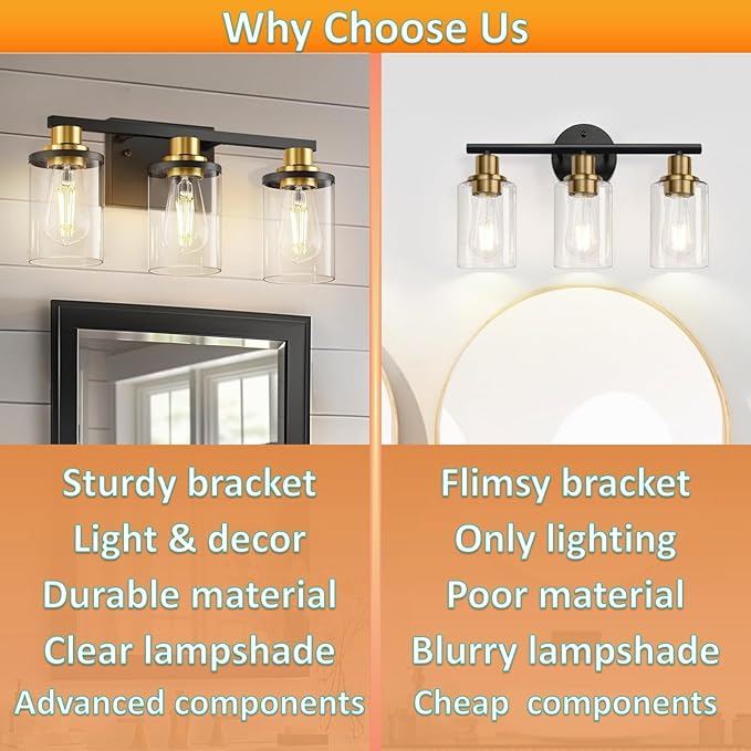 L LOHAS LED 3-Light Black and Gold Bathroom Light Fixtures, 20 Inch Modern Vanity Lights Over Mirror with Clear Glass Shade, Vanity Lights for Bathroom, ETL Listed