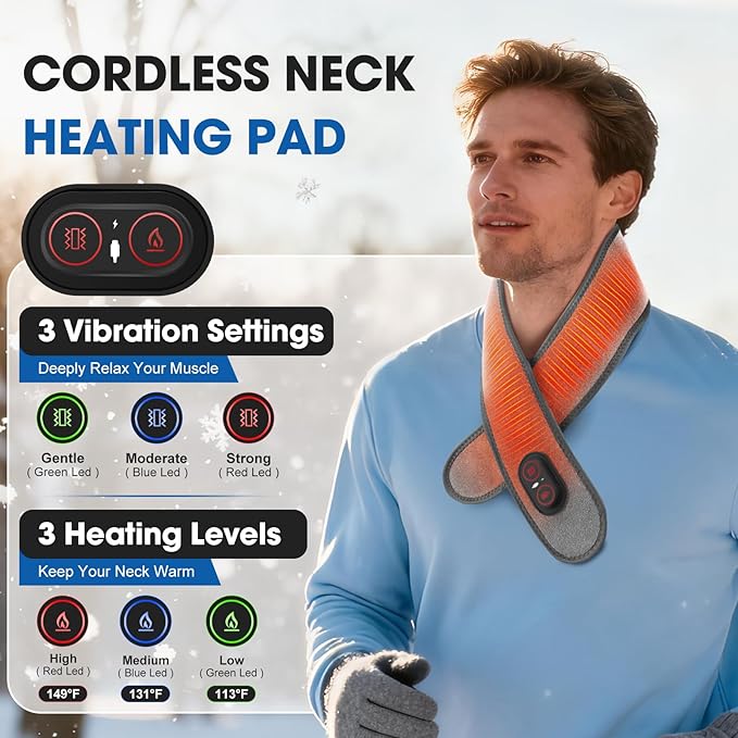 Cordless Neck Heating Pad for Pain, Neck Massager with 660nm 850nm Red Light, Neck Heating Pad for Pain Electric, Heated Neck Brace Wrap for Soreness Stiffness Pain Relief