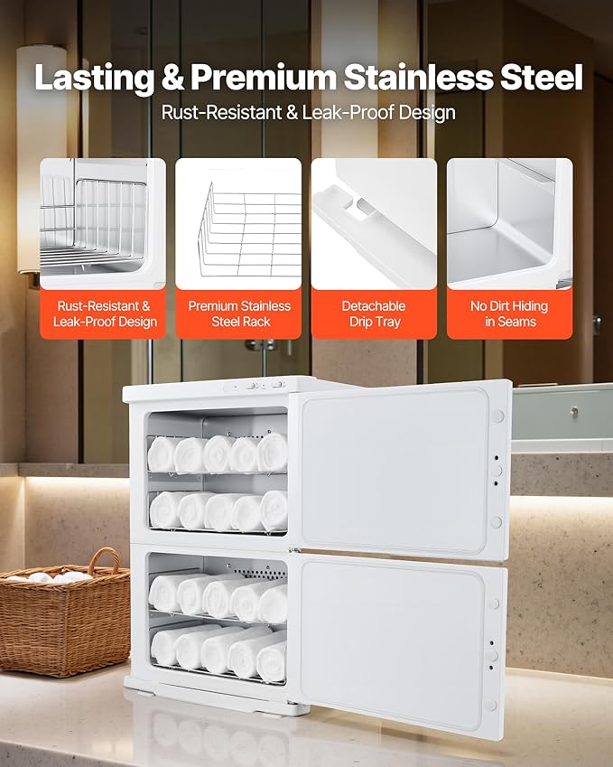 VEVOR Hot Towel Warmer, 46L Large Capacity 2-Tier Towel Warmer Cabinet with Clip & 4 Stainless Steel Racks, Holds up 48 Towels, All-Round Heating Cabinet for Spa, Barber, Manicures, Massage, Salon