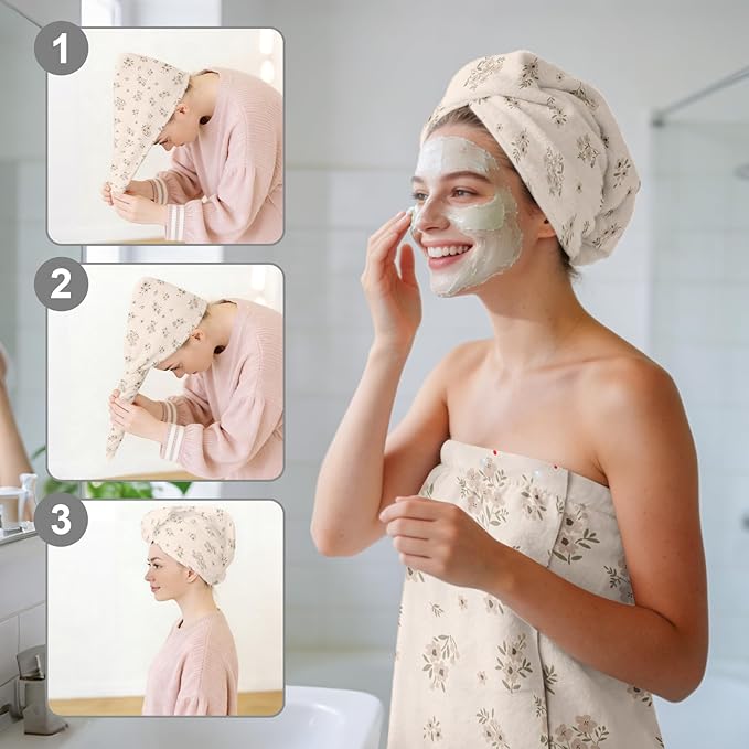 Absorbent Bath Towel Wrap Set for Women, Small Flower Print Towel Wrap After Shower, Microfiber Shower Robe Body Towel Wraps for Women, Quick Dry Hair Towels Wraps for Spa Hotel Beach Girl Teen