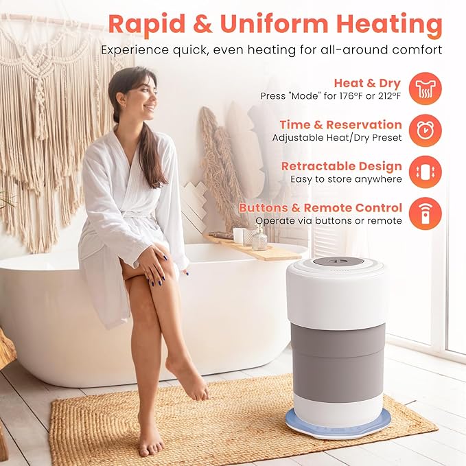 Towel Warmer, 23L Towel Warmer Bucket with Time Setting, Auto Shut-Off, Retractable Portable, Fits Up to Two Large Towels, Bathrobes, Blankets, PJ's and More