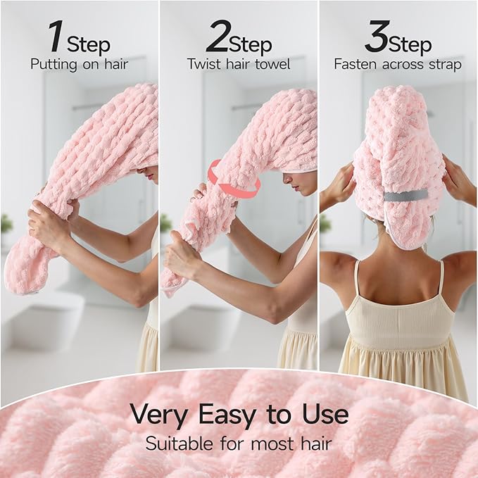 REDKISS Pink Microfiber Hair Towels - Extra Large Hair Towel Wrap for Women, 24x42 inch Hair Towels with Elastic Strap, Super Soft Hair Drying Towels for Long, Thick, Curly Anti Frizz Turbans
