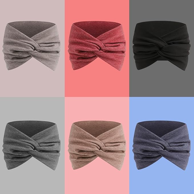 Extra Wide Headbands for Women, 7'' Large Cotton Like Turban Knotted Bandana Head Bands for Women Non Slip, Boho Headbands for Women's hair bands for women's hair 6 Pack