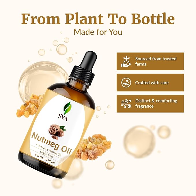 SVA Nutmeg Essential Oil – 4 Fl Oz – 100% Natural Nutmeg Oil - for Diffuser, Hair Care, Face, Skin Care, Aromatherapy, Scalp and Body Massage, Soap and Candle Making – with Dropper