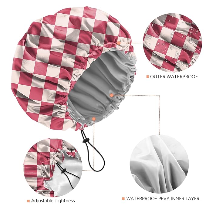Shower Cap Reusable Double Layer Adjustable Elastic Waterproof EVA Hair Bath Caps for Women Girls Cute Aesthetic-Pink Checkered