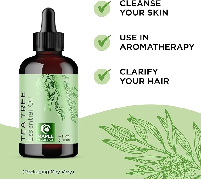 Pure Tea Tree Oil for Hair Skin and Nails - 100% Pure Undiluted Tea Tree Essential Oil with Dropper for Topical Uses Aromatherapy Diffusing and Home and Beauty DIYs - Vegan and Cruelty Free (4 Fl Oz)