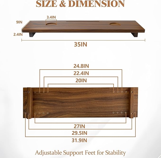 Walnut Bathtub Tray (35"x9"x2.5"), Luxury Bath Tray for Tub | Anti-Tip Adjustable Bathtub Trays for House Warming Gifts