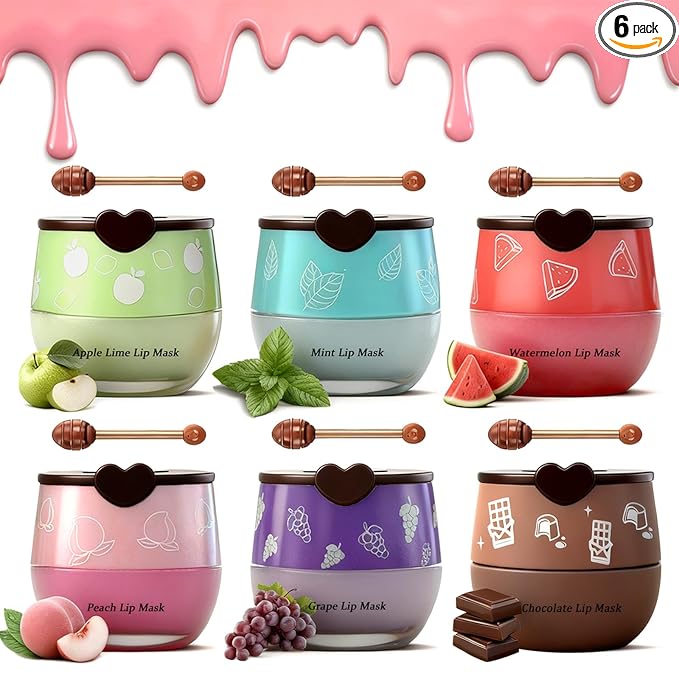 6PCS Bee Lip Balm Honey Pot Set, Moisturizing Propolis Mask, Hydrating Prevention for Dry and Cracked Skin, Exfoliating Scrubs, Sleep Mask Reduces Lines