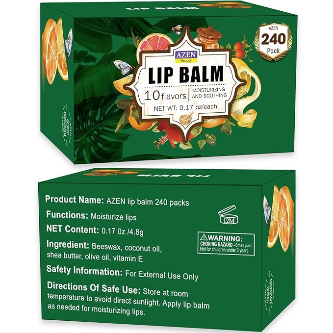 AZEN 240 Pack Lip Balm, Natural Lip Balm Bulk, Lip Care Product, Moisturizing Lip Balms for dry cracked lips, Mothers Day Gifts Easter Basket Stuffers - 10 Flavors