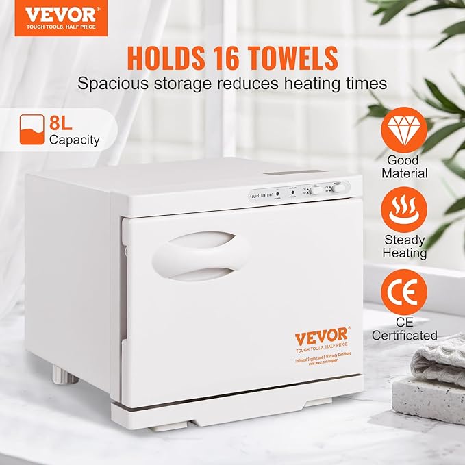 VEVOR Hot Towel Warmer, 8L Small Towel Warmer Cabinet with Clip & Stainless Steel Rack, Holds up 12 Towels, Portable All-Round Heating Cabinet for Spa, Barber, Manicures, Massage, Salon, White