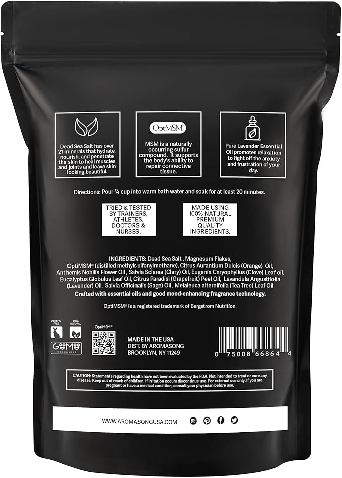 Aromasong Muscle Recovery Bath Soak with Dead Sea Salt, OptiMSM, Magnesium Flakes & Essential Oils for Post Workout Soreness - Made in USA - 14 oz. Bag Bath Salt for Pain Relief.