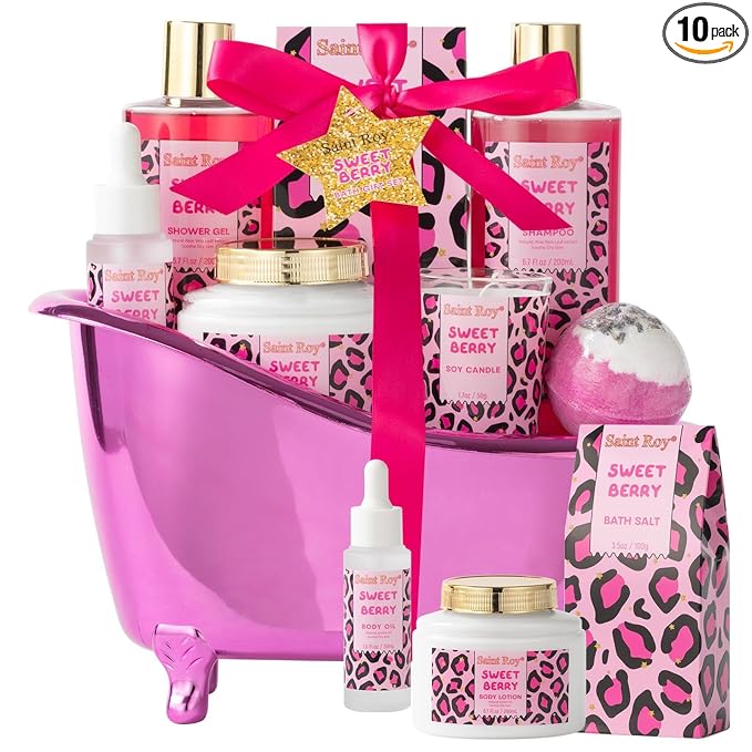Mothers Day Gifts for Women, Bath and Body Gift Basket Set Home Bath Spa Gift Basket for Women Sweet Berry Bath Sets for Teens Gift Aromatherapy Home Spa Kit with Body Oil, Women's spa Kit Best Gifts