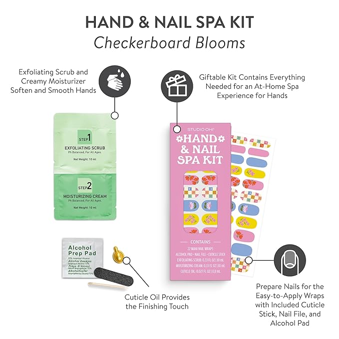 Studio Oh! Hand & Nail Spa Kit, Mini Nail Kit with 22 Nail Wraps, Exfoliating Scrub, Moisturizing Cream, Cuticle Oil & Tools, Girls Spa Kit, Travel Manicure Kit for Women & Girls (Checkerboard Blooms)