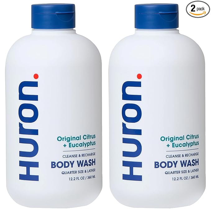 Huron Men’s Moisturizing Body Wash – Crisp & Invigorating Scent of Citrus, Eucalyptus, Mint, & Aromatic Greens - Coconut Oil, Vitamin E & Witch Hazel – Vegan, Cruelty-Free - 12.2 fl oz (2 Pack)