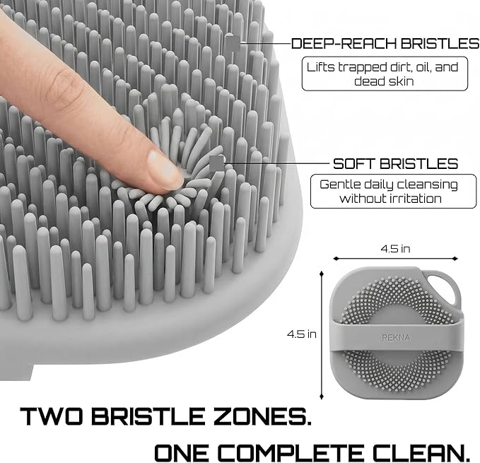 Silicone Body Scrubber for Shower - Exfoliating Body Brush with Non-Slip Grip - Durable Loofah Alternative - Soft Bristles for Gentle Cleansing, High Lather & Quick Drying, Grey