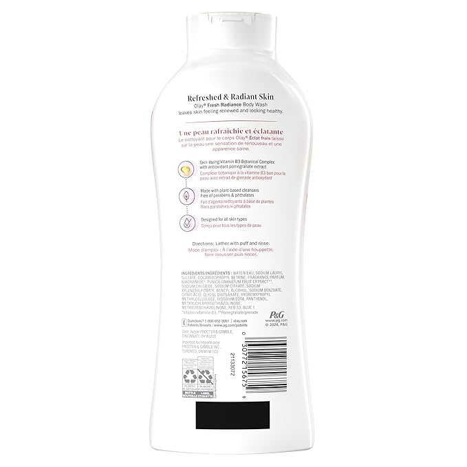 Olay Body Wash for Women, Fresh Radiance, Refreshing & Renewing, Made with Plant Based Cleansers, B3 Botanical Complex, For All Skin Types, Black Cherry & Vanilla Scent, 22 fl oz (Pack of 4)