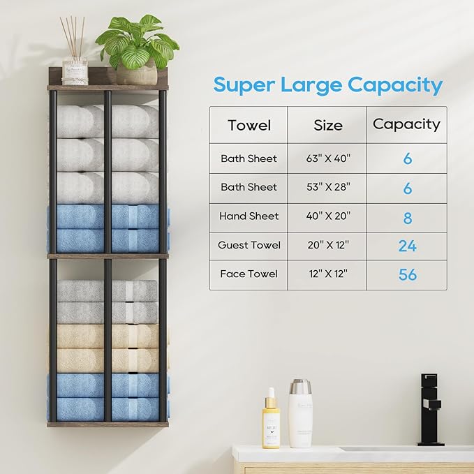 Towel Racks for Bathroom Wall Mounted with Wooden Storage Shelf, Updated 3 Bar Metal Towel Holder for Rolled Towels, Sturdy and Large Capacity, Towel Storage Organizer