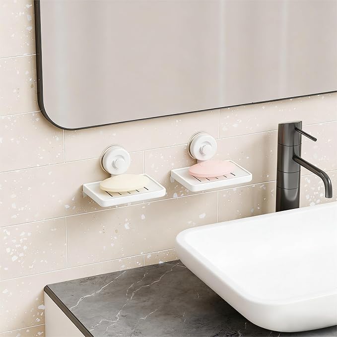 SUOXING 2 Pack Bar of Soap Holder for Shower with Suction Cup,Rustproof Wall Mounted Acrylic Shower Soap Rack & Caddy for Bathroom,Bath,Kitchen,Plastic Self Draining Soap Holder and Soap Shelf,White