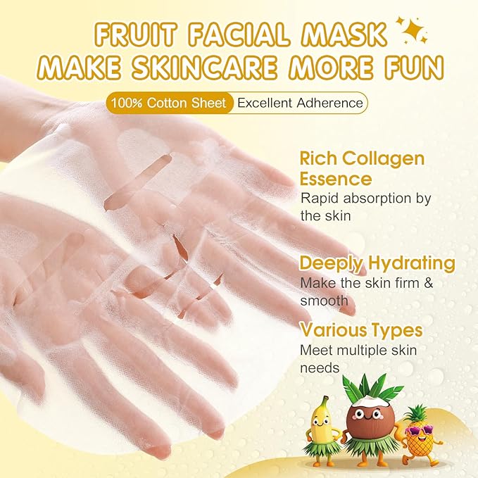 KONEUK 126 Pack Sheet Hydrating Face Masks Skincare for Women, Bulk Fruit Face Mask Skin Care for Kids, Facial Masks Set for All Skin Types, Mothers Day Gifts, Spa Party Supplies for Girls Teens