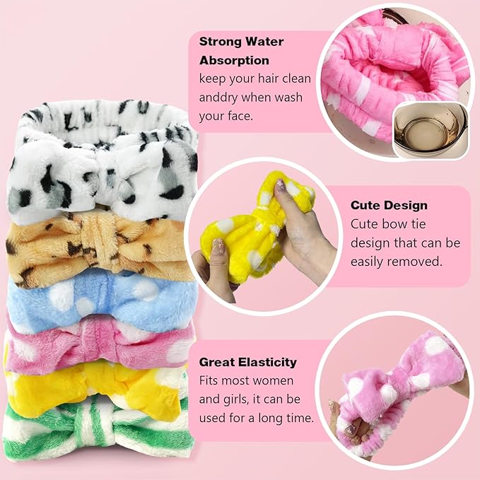 6 Pcs Spa Headband for Washing Face,Skincare Headband with Removable Bow,Furry Face wash Headbands,makeup Headbands for Women,Teen,Girls,Christmas Gift