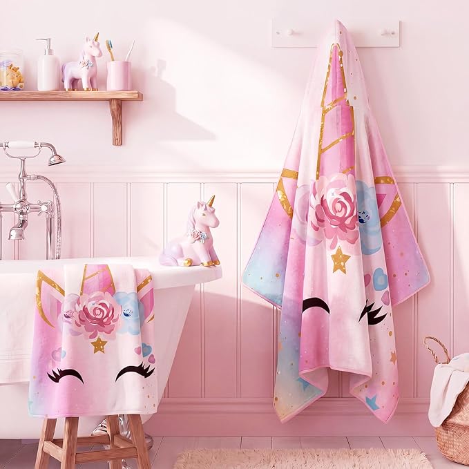 Peryiter 1 Pcs Unicorn Hooded Bath and Beach Towel 100% Cotton Pool Towels Wearable Bath Poncho Wrap for Swimming Shower Pool Travel Trips Vacations Absorbent Soft Cozy Beach Blanket