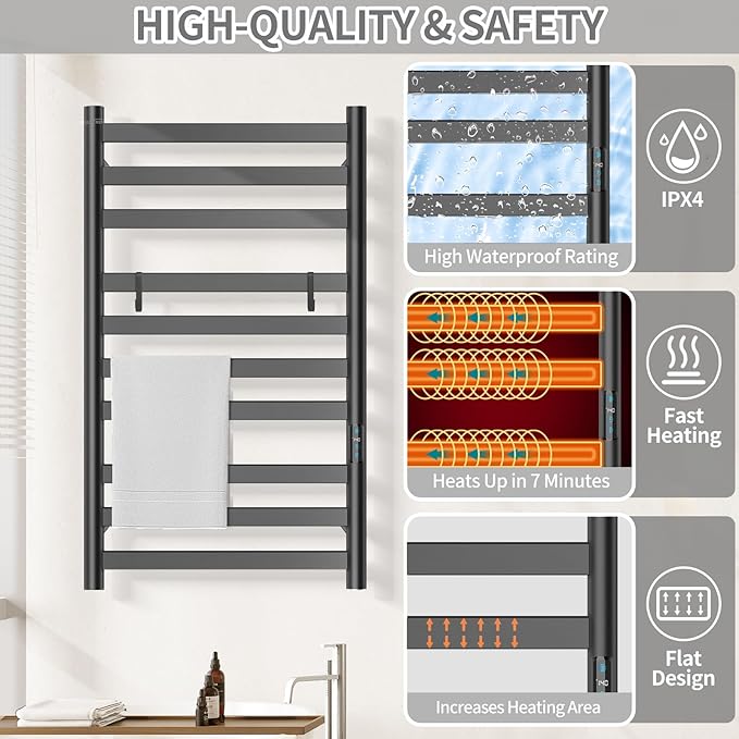 Heated Towel Rack for Bathroom, Hot Towel Warmer Rack Large 10 Bar Electric Hot Towel Warmer, Stainless Steel Wall Mounted Rack with LED Built-in Timer, Plug-in, Fast Heating, Black