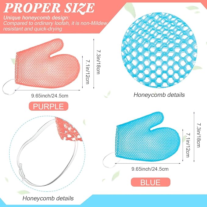 Karenhi 2 Pcs Honeycomb Exfoliating Glove Bath Mitt Body Spa Scrubber, Honeycomb Exfoliator Glove for Body Shower, Scrubber Sponge Shower Loofah, Quick Drying(Blue,Pink)