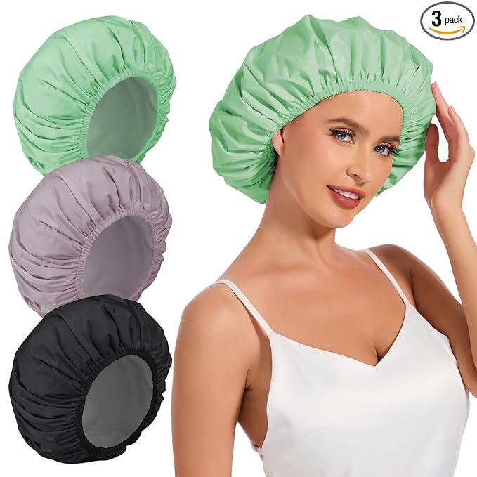 3Pcs Waterproof Shower Caps for Women, Reusable Shower Cap for Long Hair, Comfortable Bath Cap for Thick Curly Hair