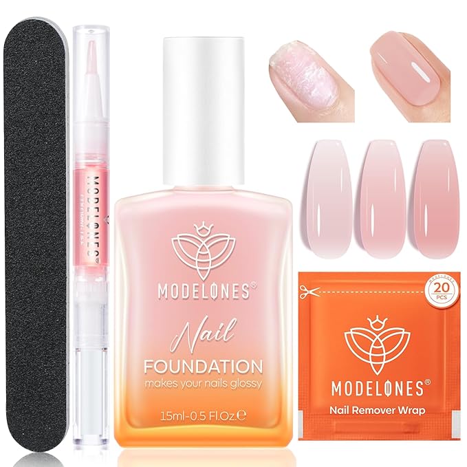 Modelones Nail Strengthener Kits Grey Pink Nail Polish Remover Pads Cuticle Oil Pen for Nail Hardener for Damaged Nails Growth DIY Nail Manicure Kits 23 Pcs Nail Care Kits for Women 15 ml