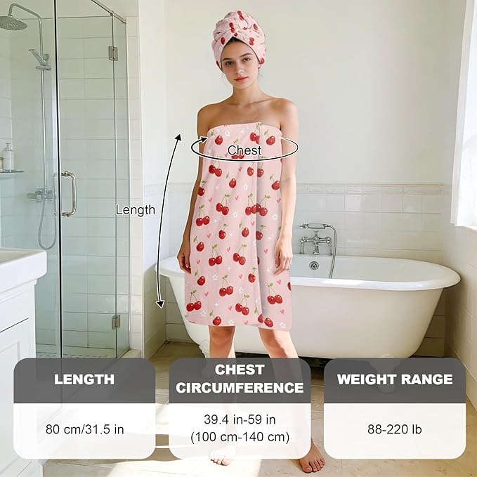 Absorbent Bath Towel Wrap Set for Women, Pink Cherry Print Towel Wrap After Shower, Microfiber Shower Robe Body Towel Wraps for Women, Quick Dry Hair Towels Wraps for Spa Hotel Beach Girl