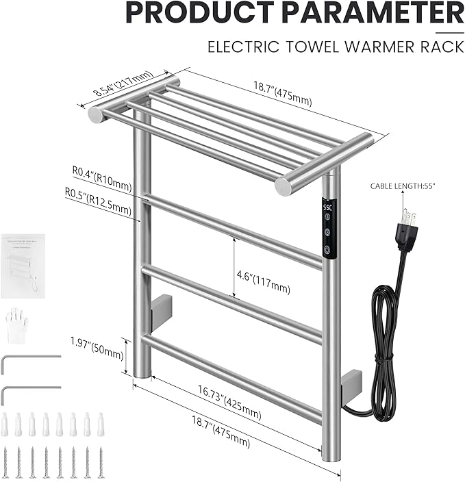 Towel Warmer Wall Mounted with 3 Electric Stainless Steel Heated Bars, Hot Towel Rack for Bathroom, Plug-in BathTowel Heater with Built-in Timer, Brushed Nickel