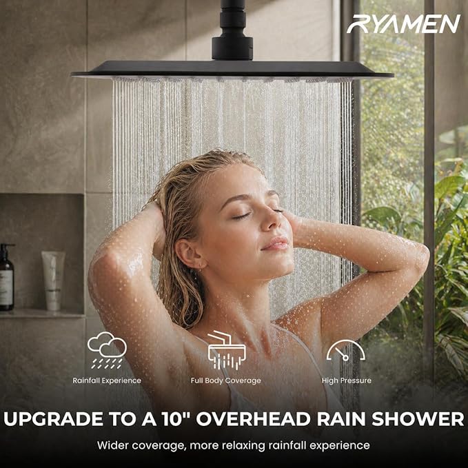 Ryamen Upgraded Dual Shower Heads Combo, 10 inch Filtered Shower Head with Handheld, 3-Way Rain Shower Head with Filters, 7 Settings Handheld Spray, High Pressure, Height Adjustable (Black)