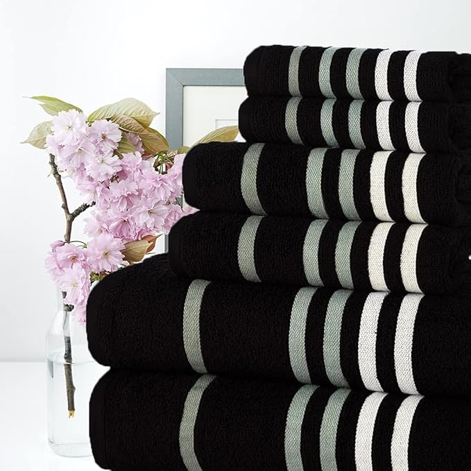 CASA COPENHAGEN Exotic 6Pcs 100% Egyptian Cotton Designer Towels Gift Set- Black,550GSM,2Bath2Hand2Washcloths,Bath Towels for Bathroom (Box Pack,Gift Ribbon Set for Women & Men)