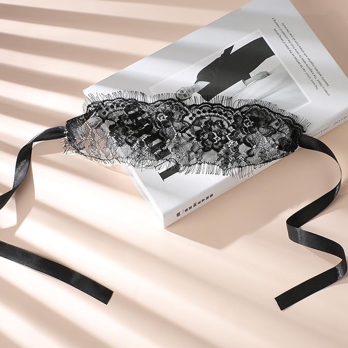 FRESHME Lace Blindfold Sleep Mask - Black Rosea Flower Embroidery See-Through Blind Fold Adjustable Eyes Covers for Women Couple Bed Night Sleeping Time Gift