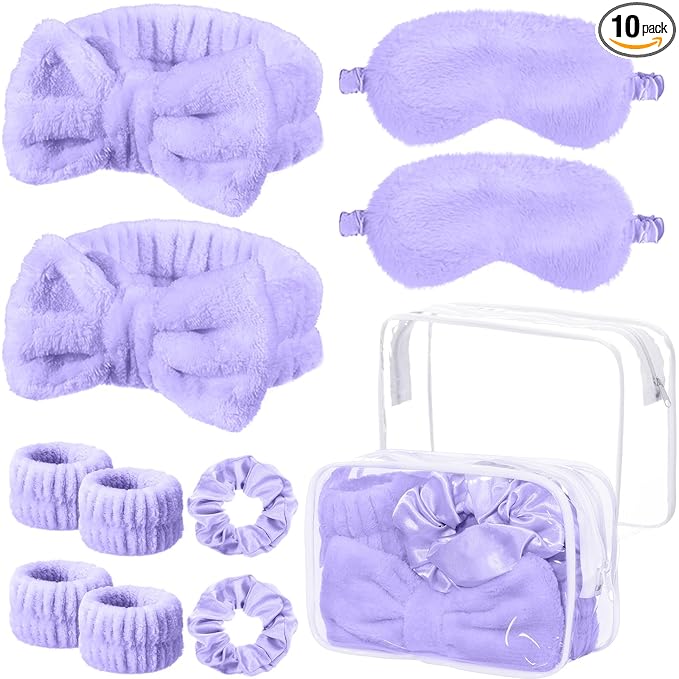 Hoteam 10 Pcs Spa Party Supplies Gift for Mother's Day Sleepover Party Favor Spa Headband Wristband Sleep Eye Mask Velvet Scrunchies for Skin Care Makeup Slumber Night Favor(Light Purple)