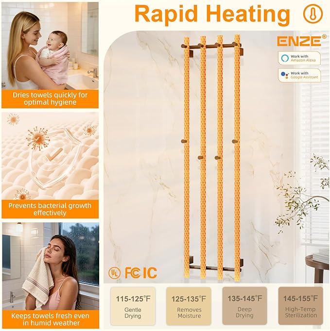 ENZE Smart Heated Towel Rack, Wall Mounted Electric Towel Warmer 300W for Bathroom, WiFi App Control & LED Touch Screen, Adjustable Temp & 24H Timer, Vertical Model, IPX5, Plug-in/Hardwired, Black