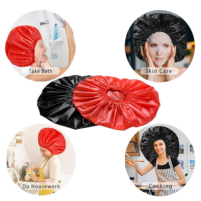 Jumbo Size Shower Cap 2 PCS Waterproof Shower Caps for Women, Extra Large Shower Cap, Reusable Super Large Bath Caps Hair Cap for Long Thick Curly Hair, Locs, Twist Braids - Black+Red