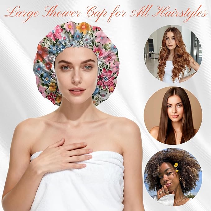 Shower Cap Reusable Double Layer Adjustable Elastic Waterproof EVA Hair Bath Caps for Women Girls Cute Aesthetic-Flowers