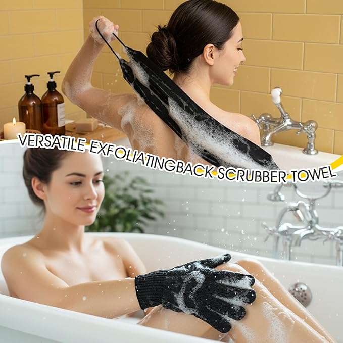 Sibba 3 Pcs Exfoliating Body Scrubber Bath Gloves Set Back Scrubber Shower Towel Double Sided Bath Gloves for Exfoliator, Back Washer for Body Scrub, Remove Dead Skin