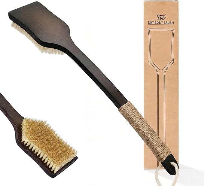 Back Scrubber Shower Brush,Dry Brushing Body Brush with 17.7 Inch Curved Long Handle, Natural Bristles for Lymphatic Drainage, Soft & Stiff Bristles Available (Natural Fiber, Soft)