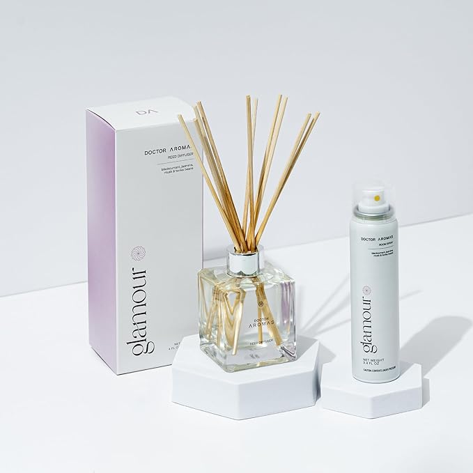 Doctor Aromas Aroma Set Essential Oil Natural Reed Aroma Wood Sticks Diffuser Glass Set – Elegant Scent for Home, Room or Bathroom, Décor, and Fresh Air Fragrance Aromatherapy Gift (Glamour)